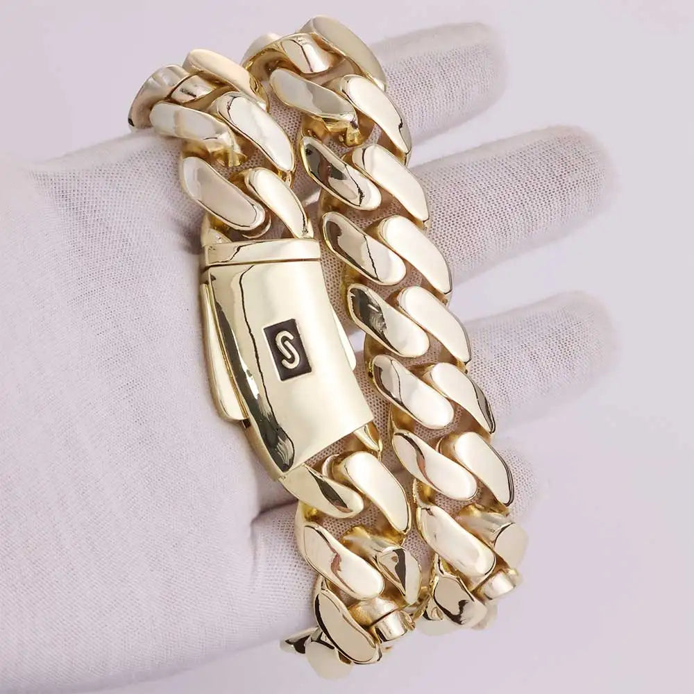 HHIOK Customized 20mm Monaco Bracelet 14K Gold Plated Smooth Buckle High Quality Hip Hop Miami Cuban Bracelet For a Good Friend