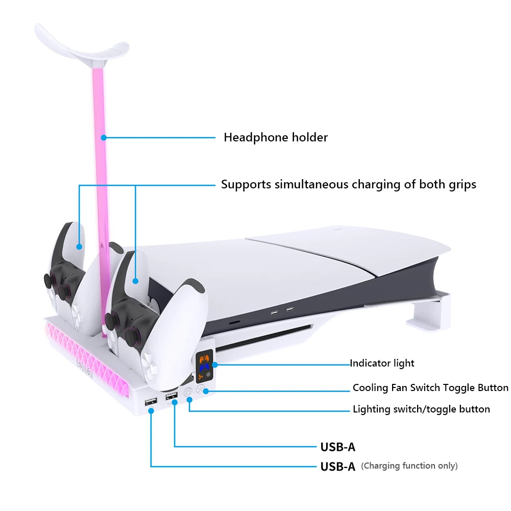 Horizontal Cooling Stand for Playstation 5 Slim Console Holder with Dual Controller Charger Stand Headphone Hanger for PS5 Slim
