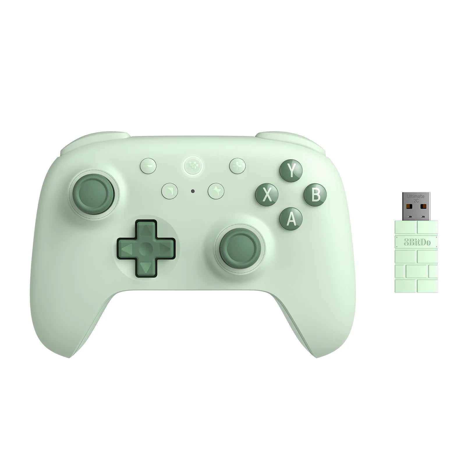 Mint green gaming controller with USB receiver on a white background
