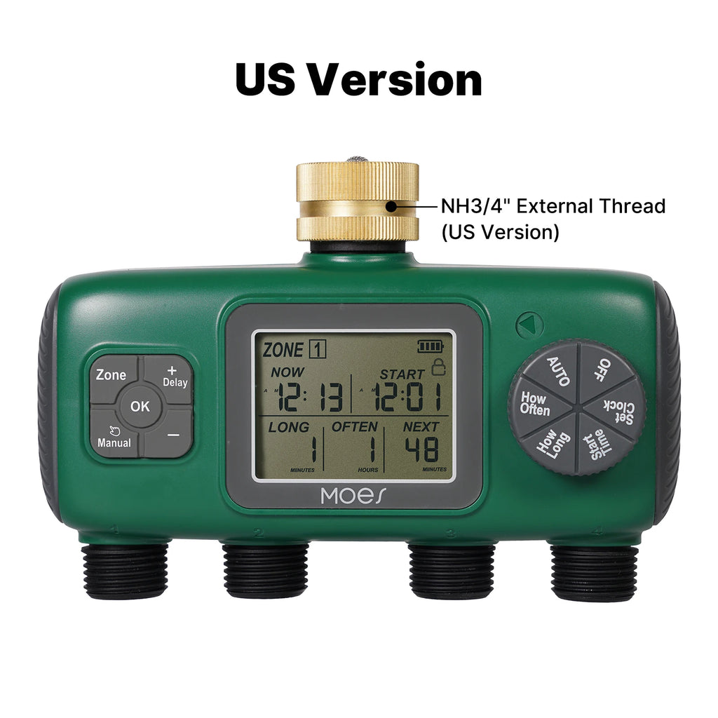 MOES Wassertimer 1-4Outlet Messingeinlass Drehknopf-Tastensteuerung mit LCD-Bildschirm Regenverzögerung Kindersicherung Gartensprinkler