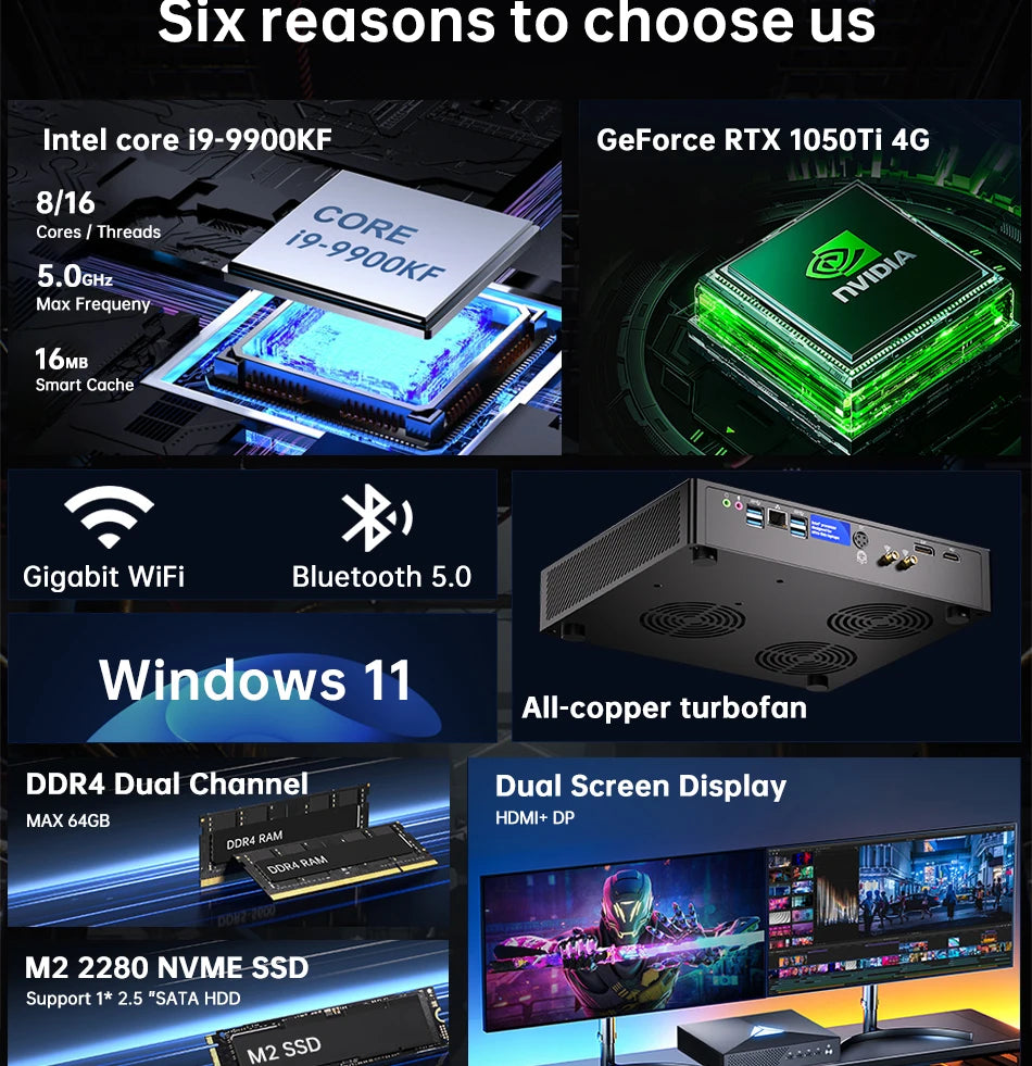 MSECORE MV200 Intel Core i9-9900KF GTX1050Ti Dediziertes Kartenspiel Mini-PC Windows 11 Büro-Desktop-Computer NVME DDR4 4K wifi6