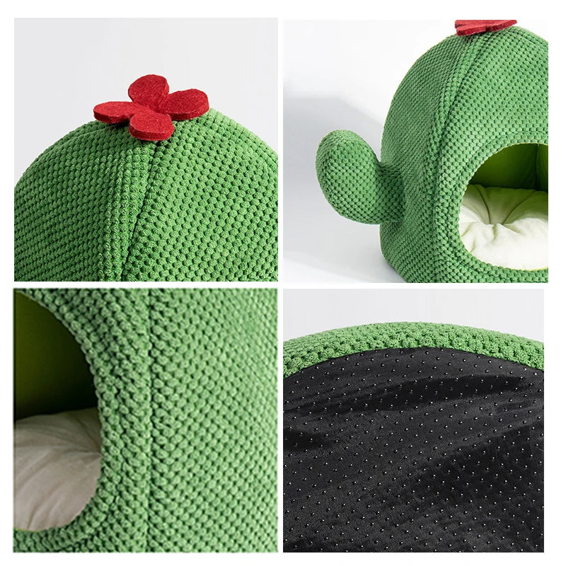 Creative Cactus Shaped Cat House Pet Bed Warm Green Cat Cave Dog Kitten Basket Autumn and Winter Pet Furniture Cat Accessories