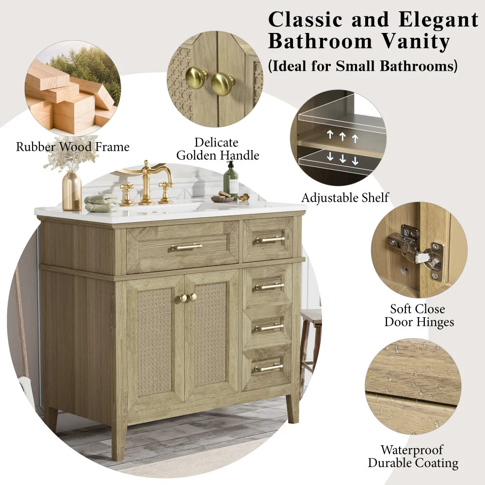 36" Bathroom Vanity with Ceramic Sink, Rubberwood Frame, 2 Soft Close Doors, 1 Flip-Down Drawer, 1 Shallow Drawer, 1 Deep Drawer