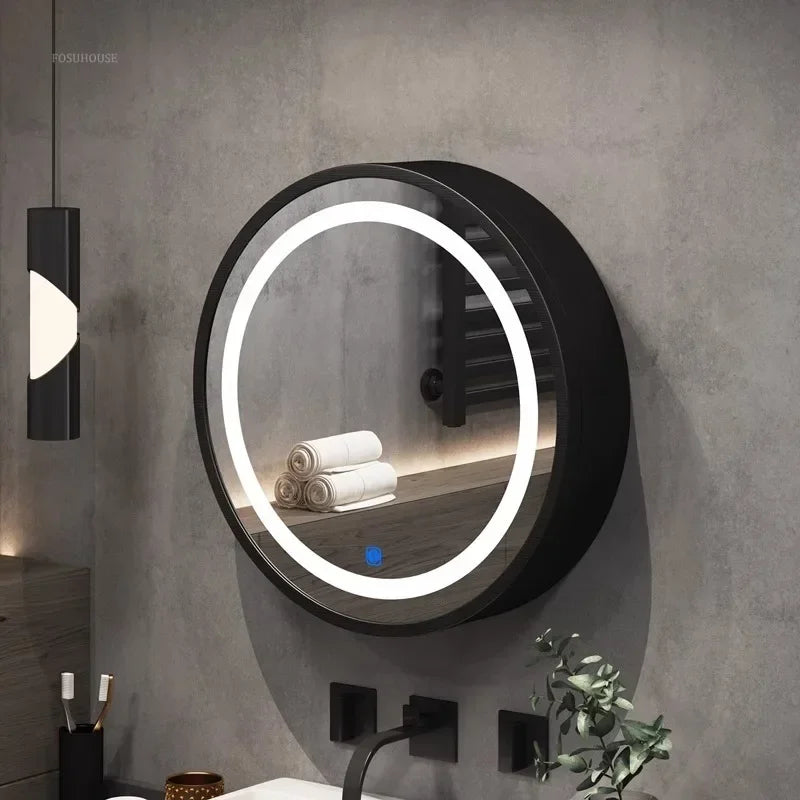 Nordic LED Smart Bathroom Mirror Cabinets Solid Wood Oval Bathroom Wall Hanging Round Vanity Mirrors with Storage Shelf b