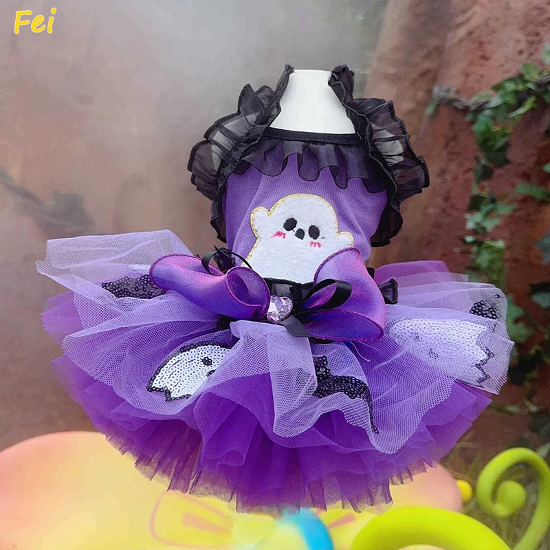 2025 Luxury Halloween Pet Dog Dress, Handmade Purple Ghost Bow Sling Princess Costume for Small Dog & Cat, Fashion Puppy Apparel