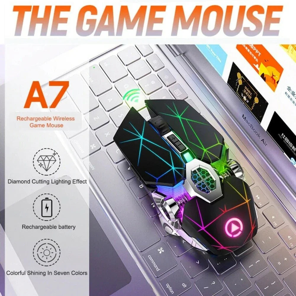 Drahtlose optische 2,4G USB-Gaming-Maus 1600DPI 7-farbige LED-Hintergrundbeleuchtung wiederaufladbare leise Mäuse für PC-Laptop