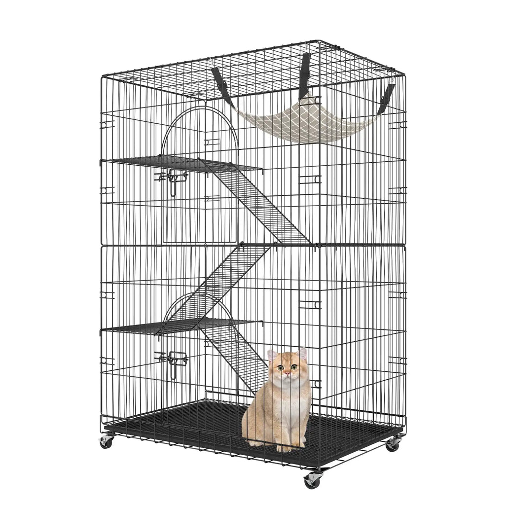 Catio, 4-Tier Large Cat Cages Indoor, Detachable Metal Playpen Enclosure with 360 Rotating Casters,