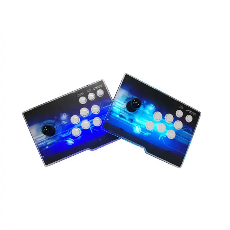 Two gaming controllers with blue and black design on a white background