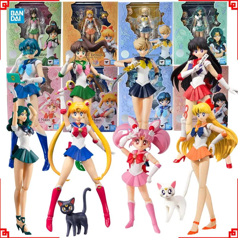 Bandai Sailor Moon Anime Figure SHF Chibi Moon Sailor Moon Mercury Mars Jupiter Venus Uranus Neptune Action Figure Toys Gift