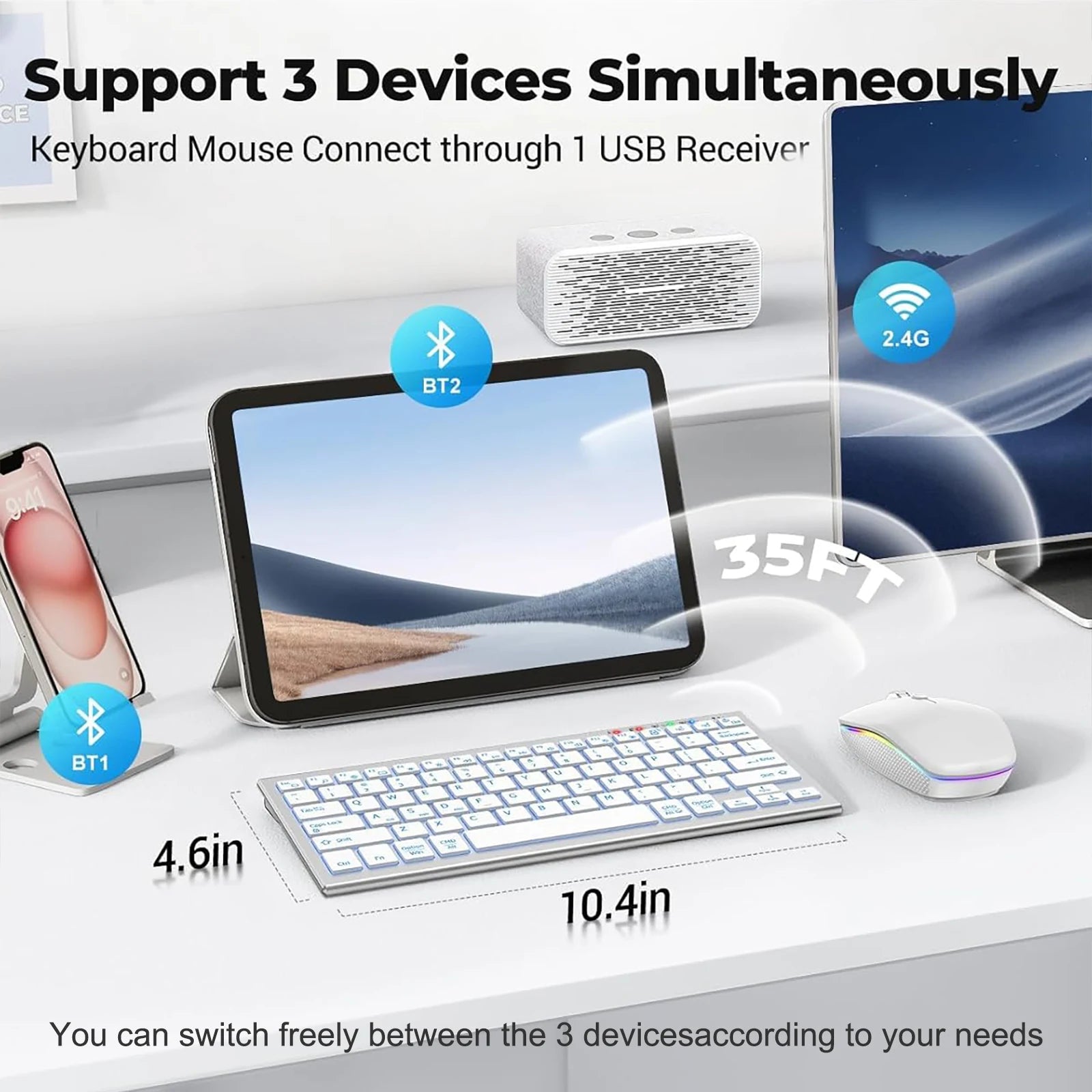 Kabellose Tastatur- und Mauskombination, Bluetooth, RGB-Hintergrundbeleuchtung, leise, schlank, kompakt, Schere, wiederaufladbar, 2,4 G, USB, für PC, Laptop, iPad, Mac