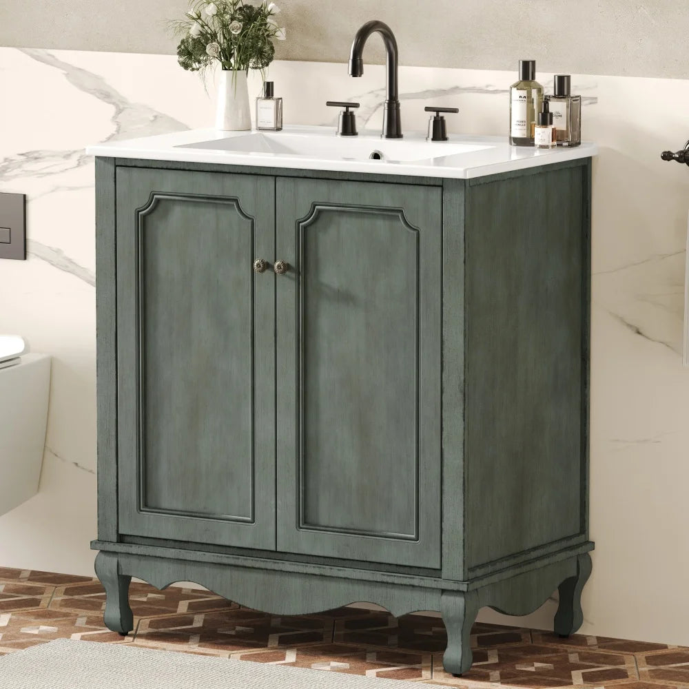 30" Vintage Bathroom Vanity with Rectangle Ceramic Sink,  Bathroom Vanity Cabinet with Antique Handles and 2 Doors, Bathroom
