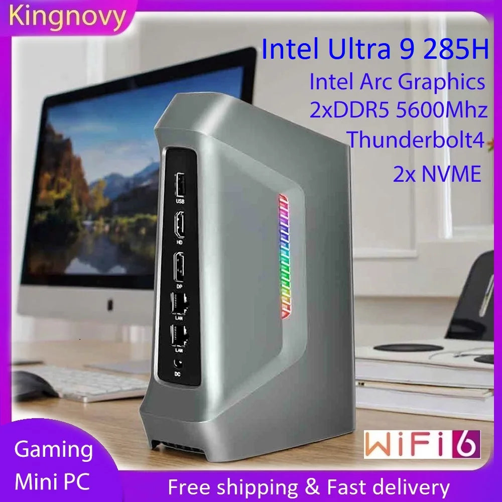Kingnovy F12 RGB Gamer Mini-PC 14. Intel Ultra 9 285H 7 255H Thunderbolt4 2xDDR5 2xPCIe 2x2,5G LAN Windows 11 KI-Computer WiFi6