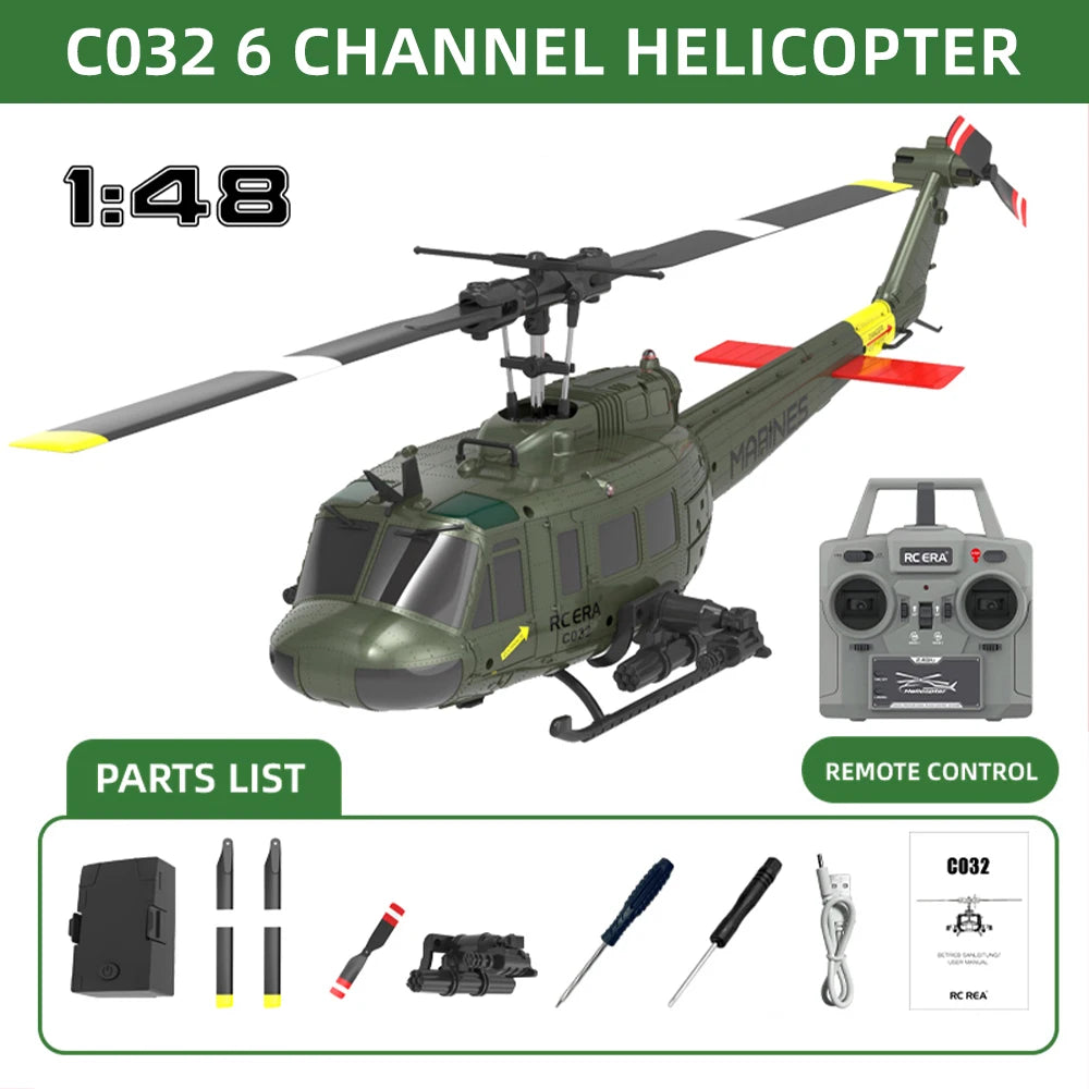 RC ERA RC Helicopter C032 1:48 Huey Helicopter UH-1 6-axis Gyro 6 Channel 3D Dual Brushless Motor Remote Control Aircraft
