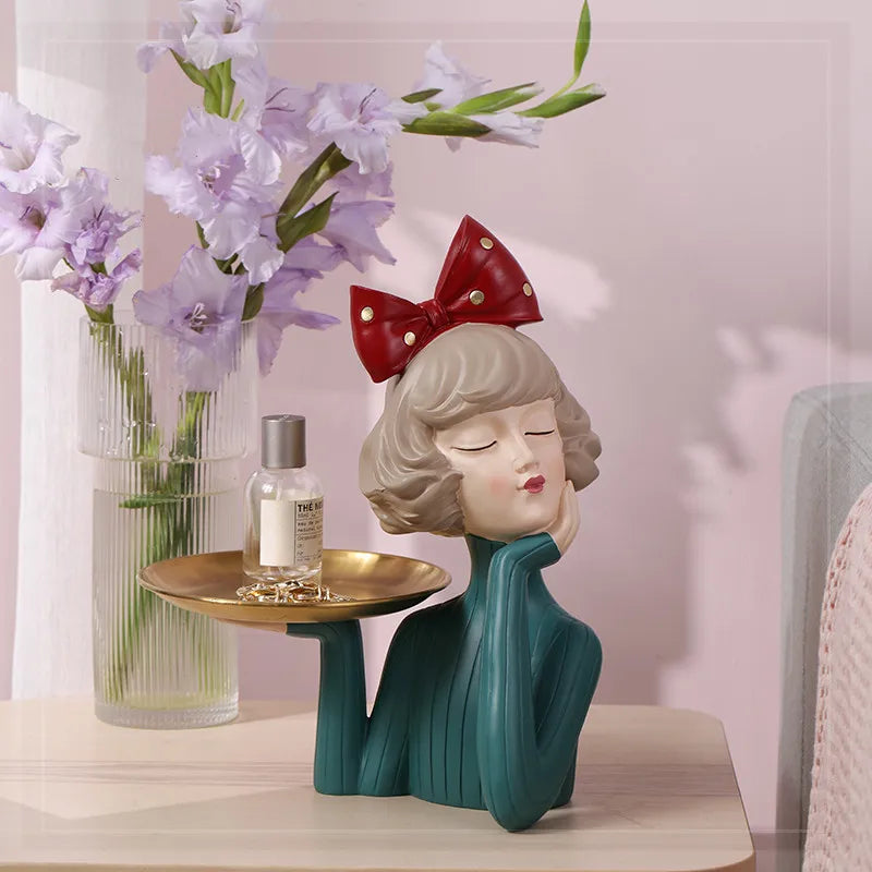 Modern Bow Girl Statue for Entrance Key, Storage Tray, Ornaments,Home Decor Crafts, Figurines,Snacks Candy Storage Tray, Gift