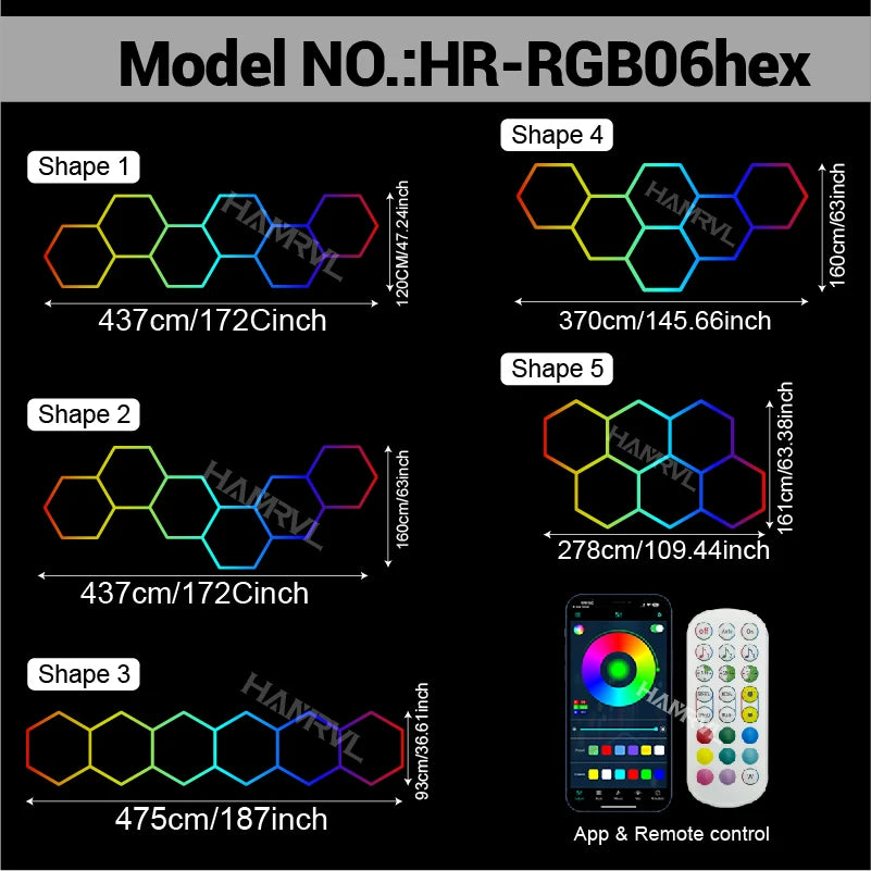 RGB Hexagon LED Lighting Colorful Change Dimming Deco Light for Car Garage Gym Party Club Stage Gaming Sound pickup Wall Ceiling