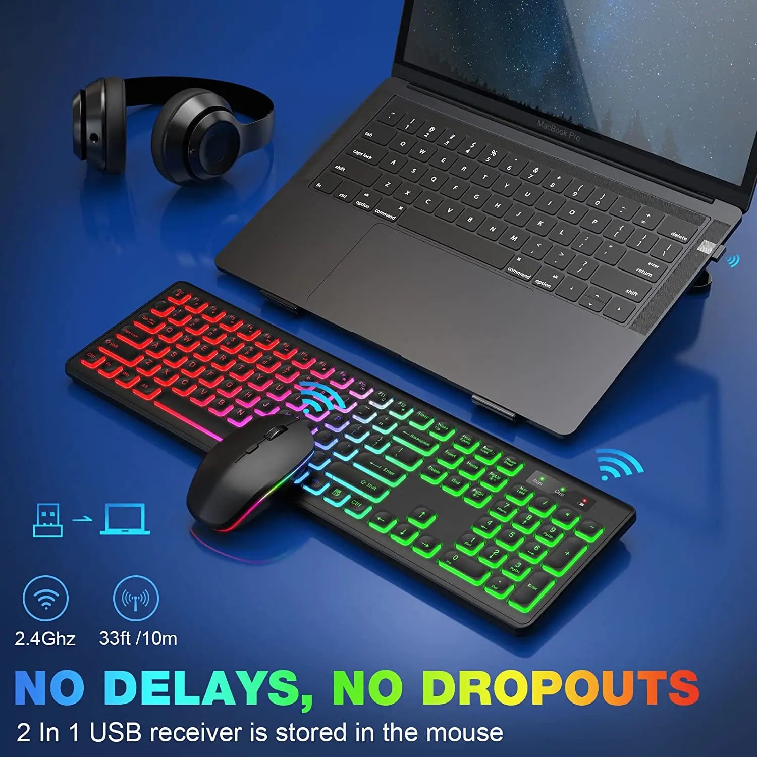 Wireless Keyboard and Mouse Combo RGB Backlit Rechargeable Light Up Letters Ergonomic Tilt Angle Sleep Mode 2.4GHz Quiet Mac PC
