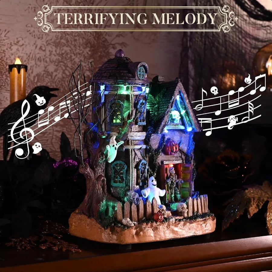 Halloween Decorations Lighted Halloween Village Houses with Music and LED Lights Resin Spooky Town Mummy's Haunted House for Ho