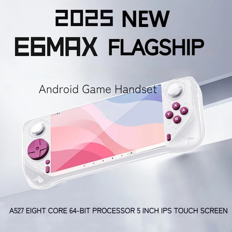 E6MAX Android Handheld-Spielkonsole mit 8-Kern-Prozessor, 64-Bit-Touchscreen, 4+32 GB Speicher, Retro-Design und 5-Zoll-Bildschirm.
