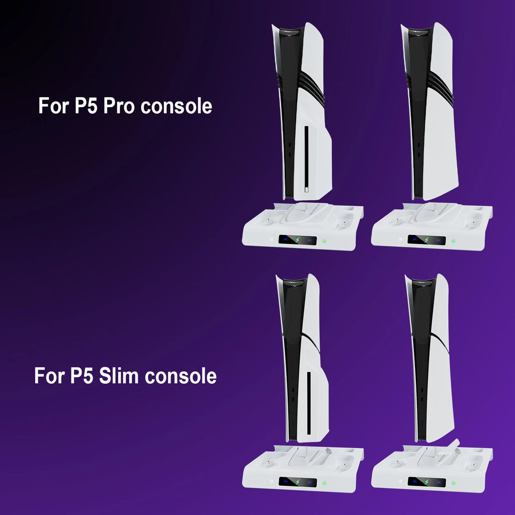 Für PS5/PS5 Slim/PS5 Pro Ständer mit Kopfhörerhaken, PS5-Kühlständer und Controller-Ladestation mit 3-stufigem Kühllüfter