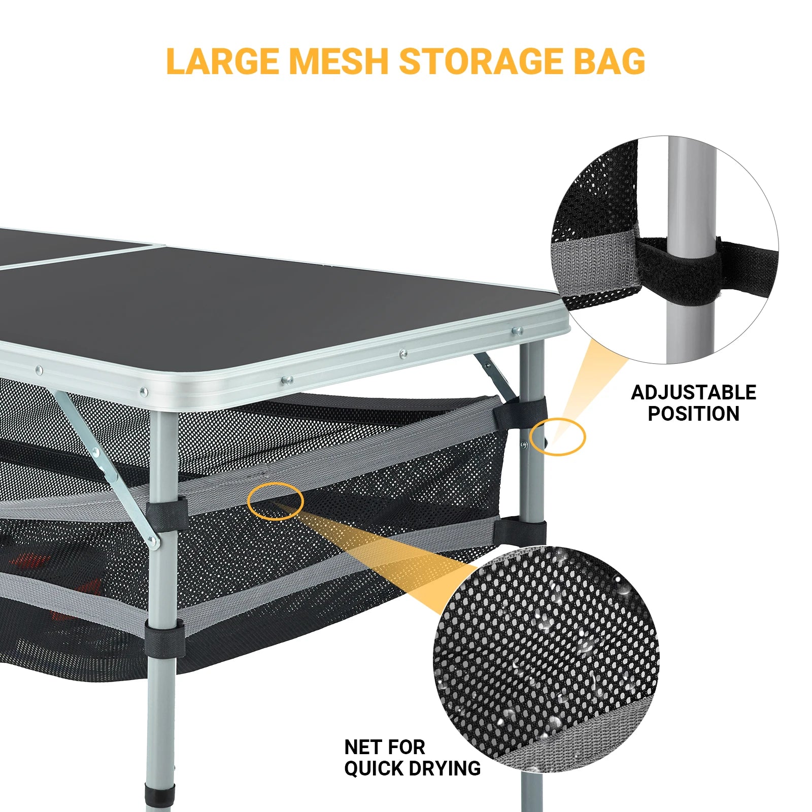 FUNDANGO Camping table, outdoor indoor beach barbecue, picnic, travel, height adjustable, with layered mesh storage