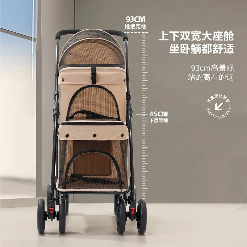 Double Layer Foldable Pet Stroller for Small Dogs Cats Lightweight Portable Outdoor Pushchair with Mesh Window Travel Carrier