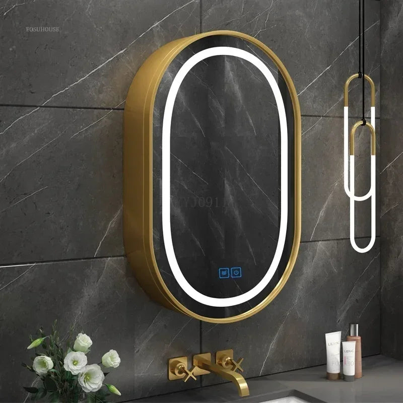 Nordic LED Smart Bathroom Mirror Cabinets Solid Wood Oval Bathroom Wall Hanging Round Vanity Mirrors with Storage Shelf b