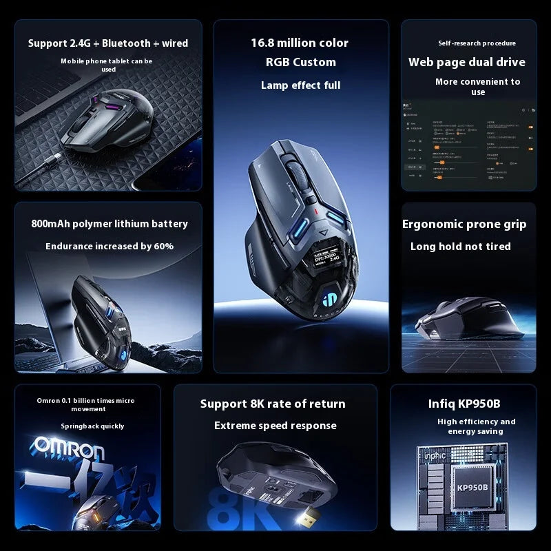 INPHIC IN9 Ultra Drei Modus Kabellose Gaming-Maus Rechtshänder ergonomisch PAW3950 OLED-Bildschirm Nano 8K 800 mAh lange Ausdauer Geschenk-PC