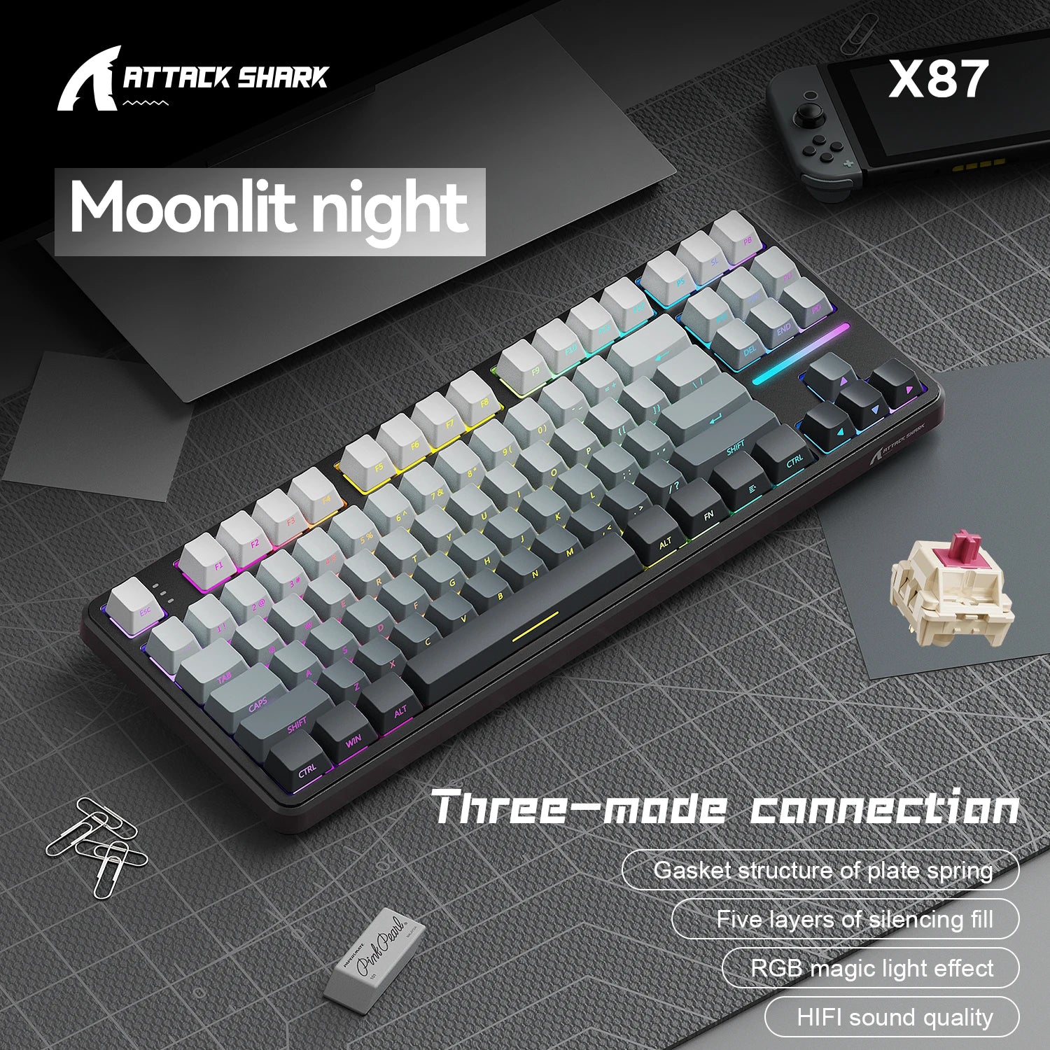 Attack Shark X87 Macro Drive Gaming Keyboard,Bluetooth Side Engraved Translucent Character Mechanical Keyboard,RGB,Hot-Swap