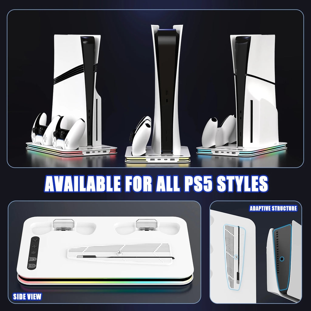 New 4-in-1 Cooling Stand For PS5/PS5 SLIM/PS5 PRO Charging Of dual Controllers  Adjustable RGB Lights With Disc Storage Holde