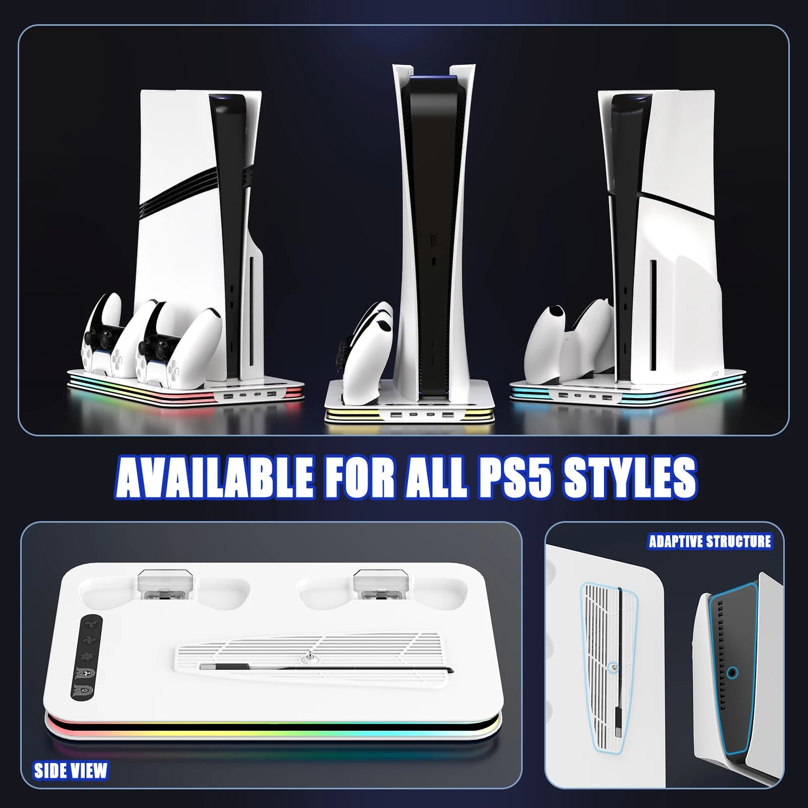 New 4-in-1 Cooling Stand For PS5/PS5 SLIM/PS5 PRO Charging Of dual Controllers  Adjustable RGB Lights With Disc Storage Holde