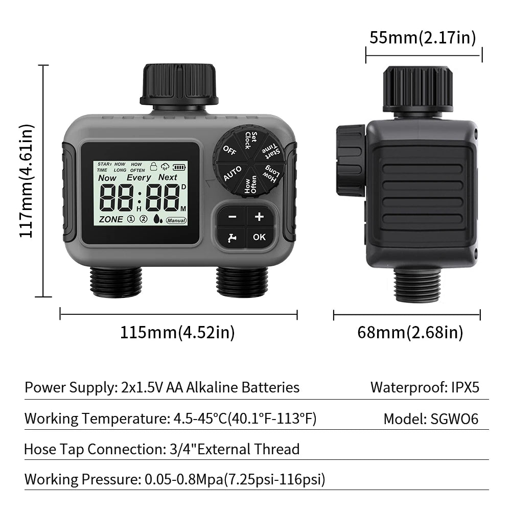 TNCE 1/2-Wege-Sprinkler-Timer, programmierbares Gartenbewässerungssystem, Bewässerungssteuerung für Rasenhof-Tropfsysteme, IPX5