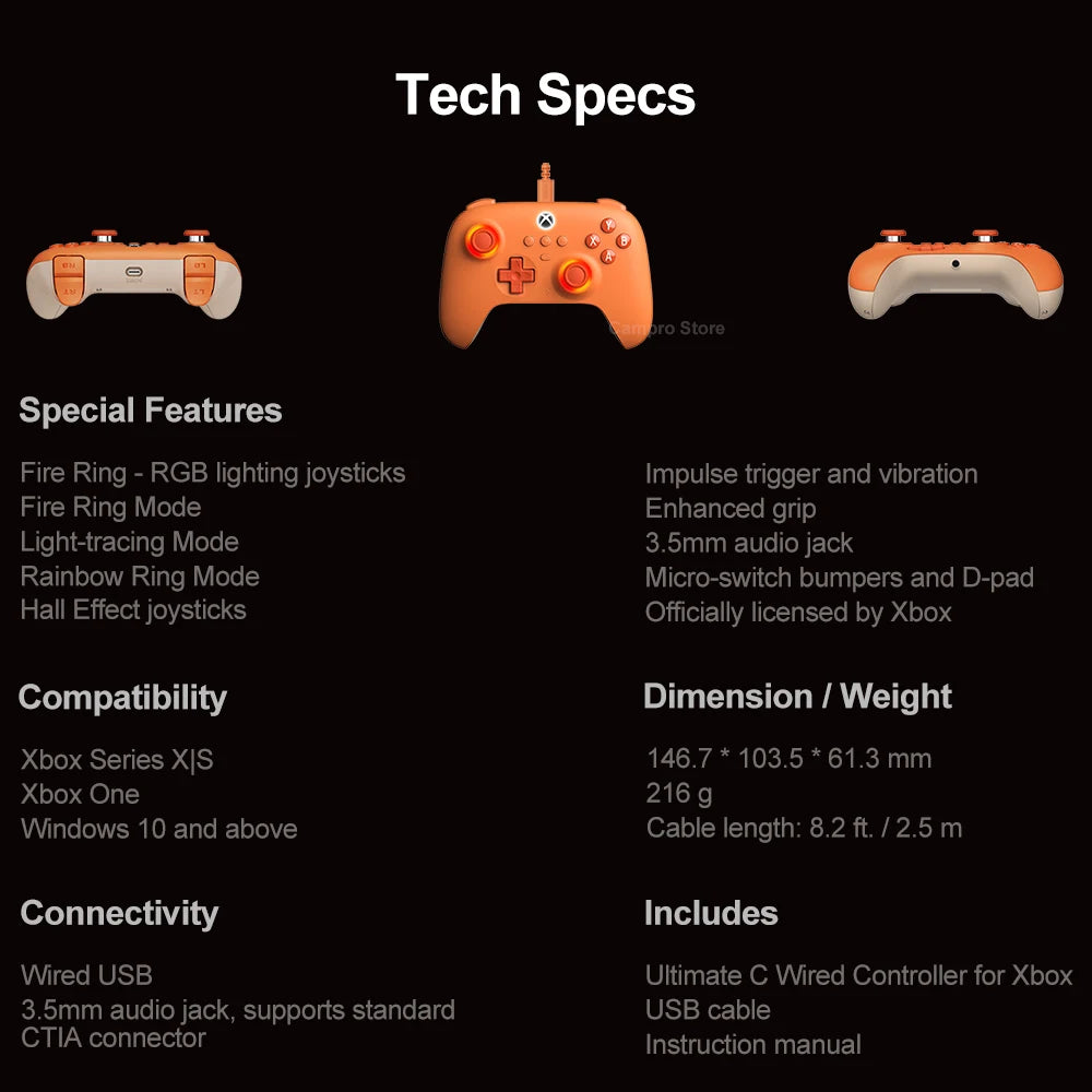 8BitDo Ultimate C Wired Controller for Xbox Series X S, Xbox One, PC Windows 10 11 with Hall Effect and RGB Lighting Fire Ring