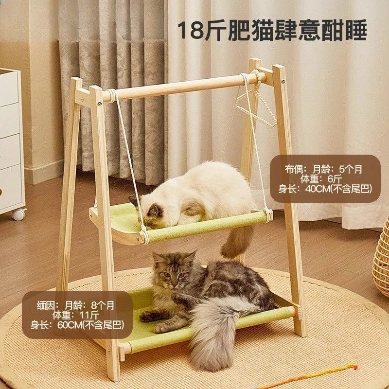 Doppellagiges Katzenhängemattenbett mit Holzrahmen, Ganzjahres-Haustierschaukel für Katzen