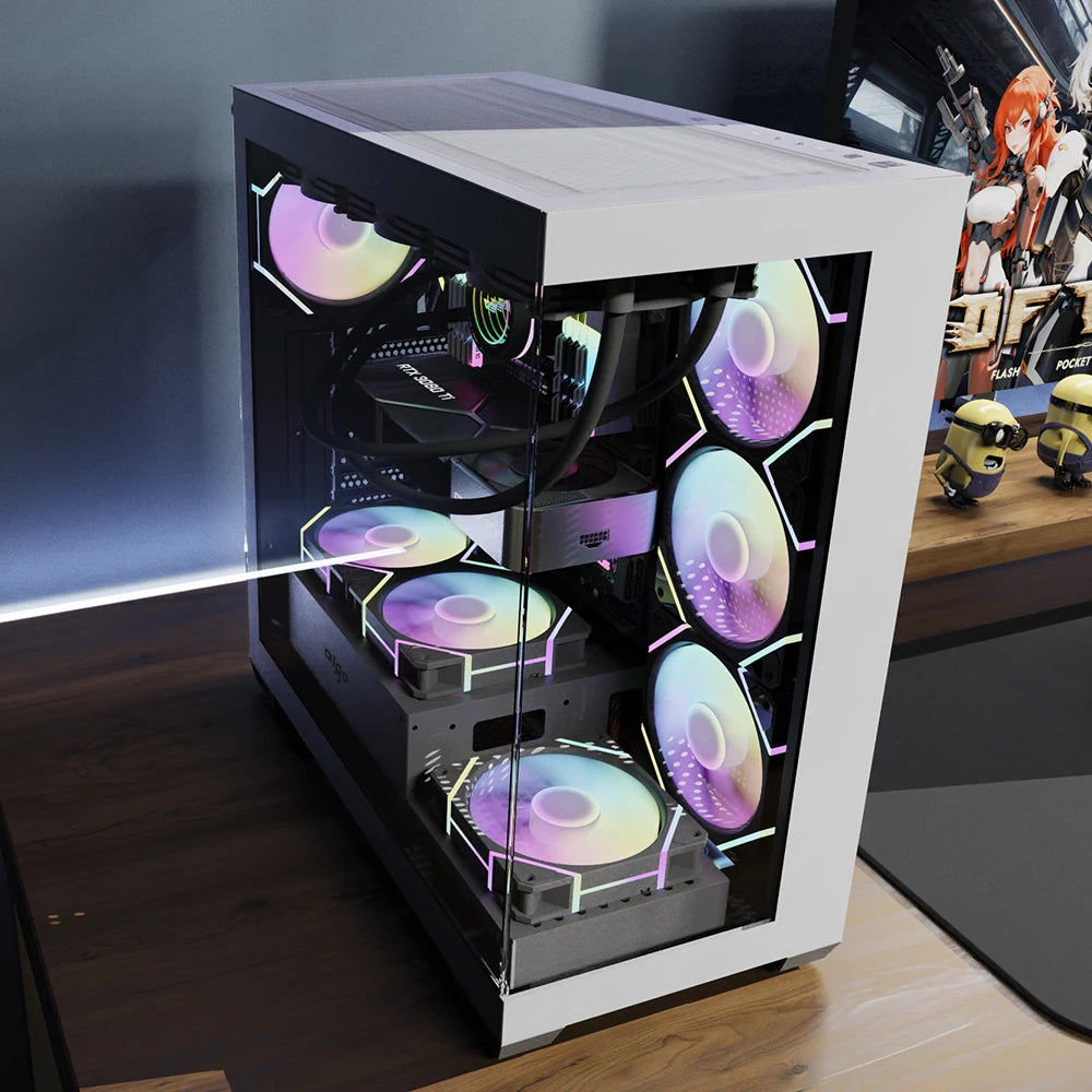 Aigo AS900 PC Case 270° Panoramic Design ATX M-ATX ITX Sea View Room Side Transparent Desktop Chassis Diy Gaming Computer Case