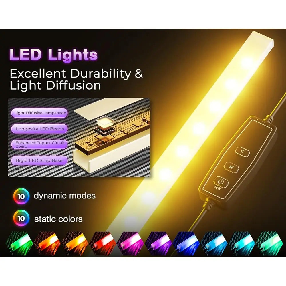 Бюро с форма 43 HL с LED осветление, обръщаемо геймърско бюро с електрически контакти, ъглова компютърна маса с рафтове за съхранение и...