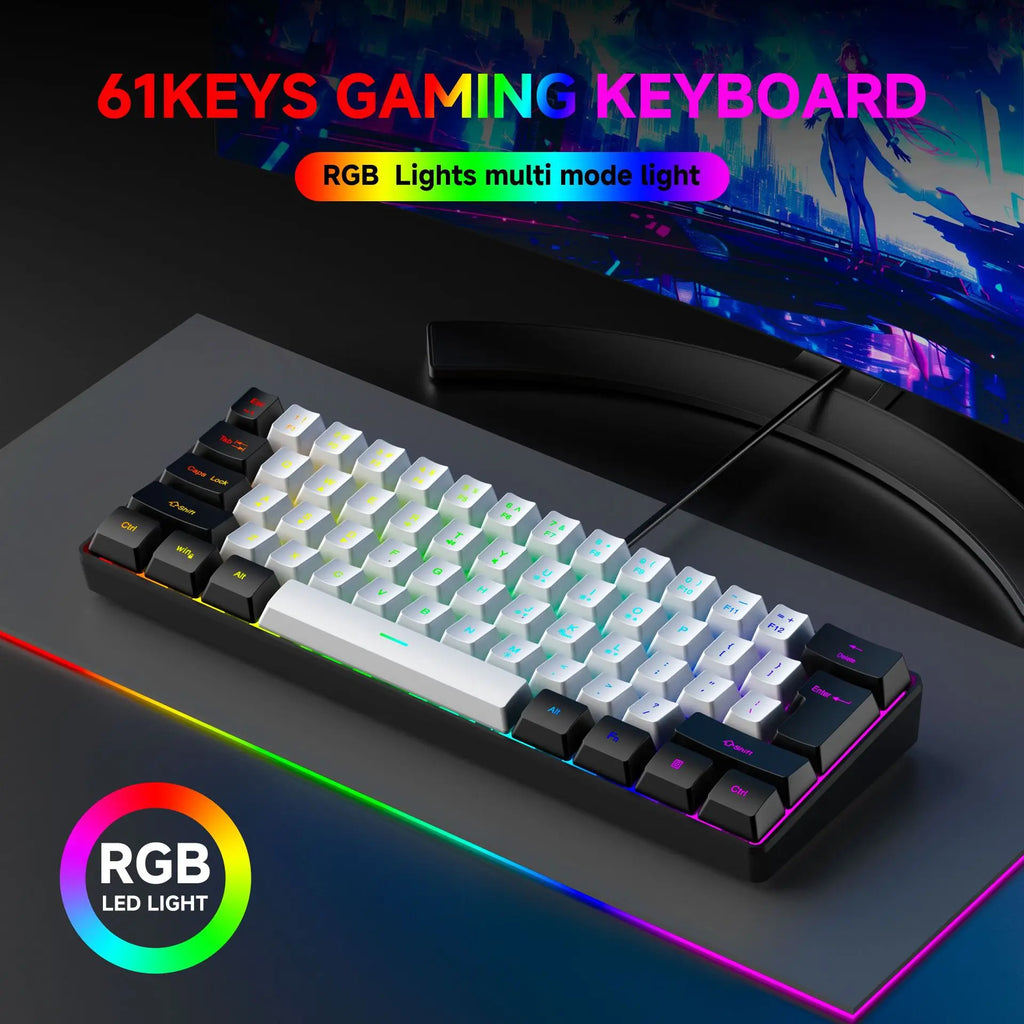 61 Keys RGB Gaming Wired keyboard Mouse Set Colorful Mini Compact Black White Computer Keypad Mice Set for Office PC Gamer