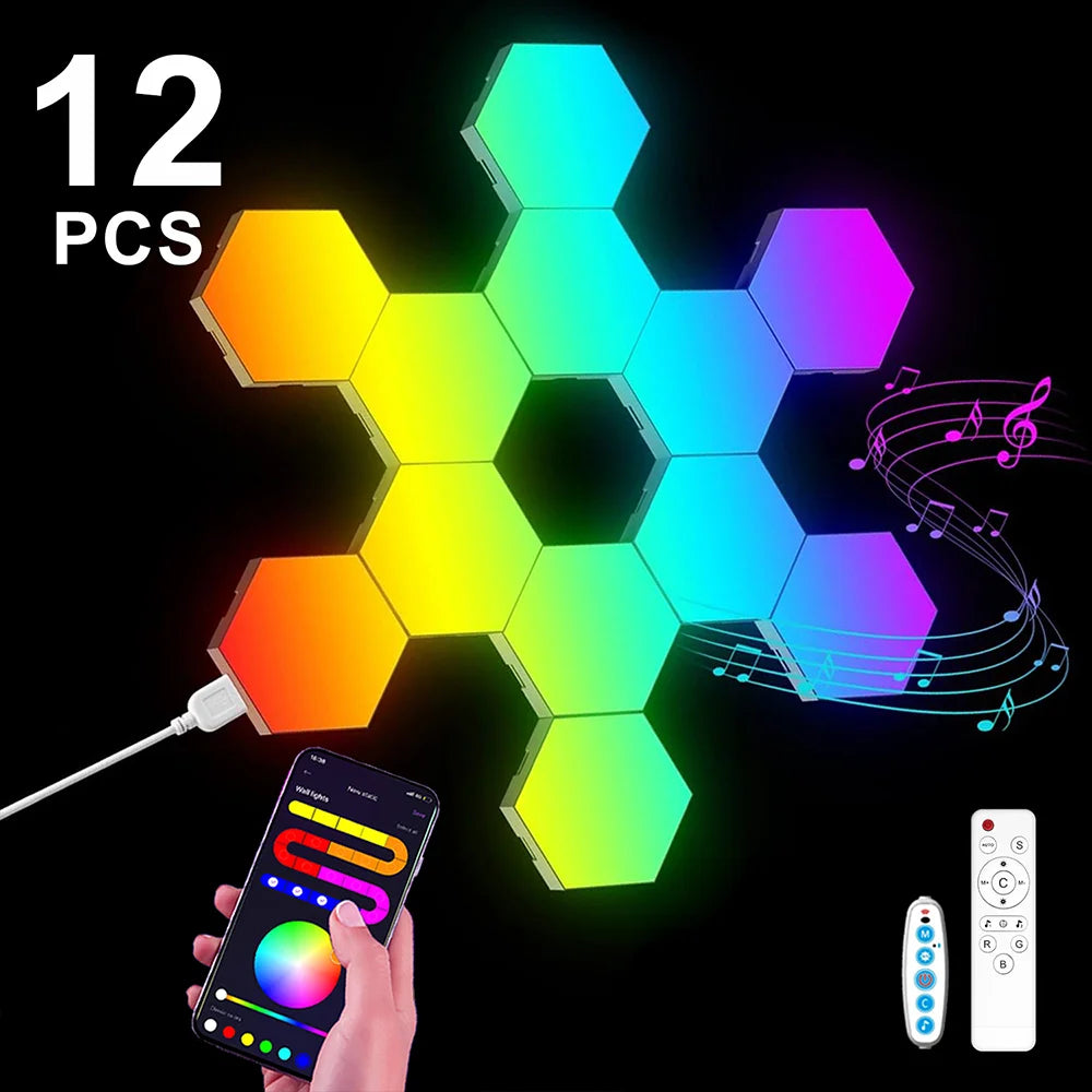 Smart Hexagonal Wall Lamp Color Change Ambient Night Light DIY Shape Music Sync MeRGBW APP Gaming RGB Hexagon LED Lights Bedroom