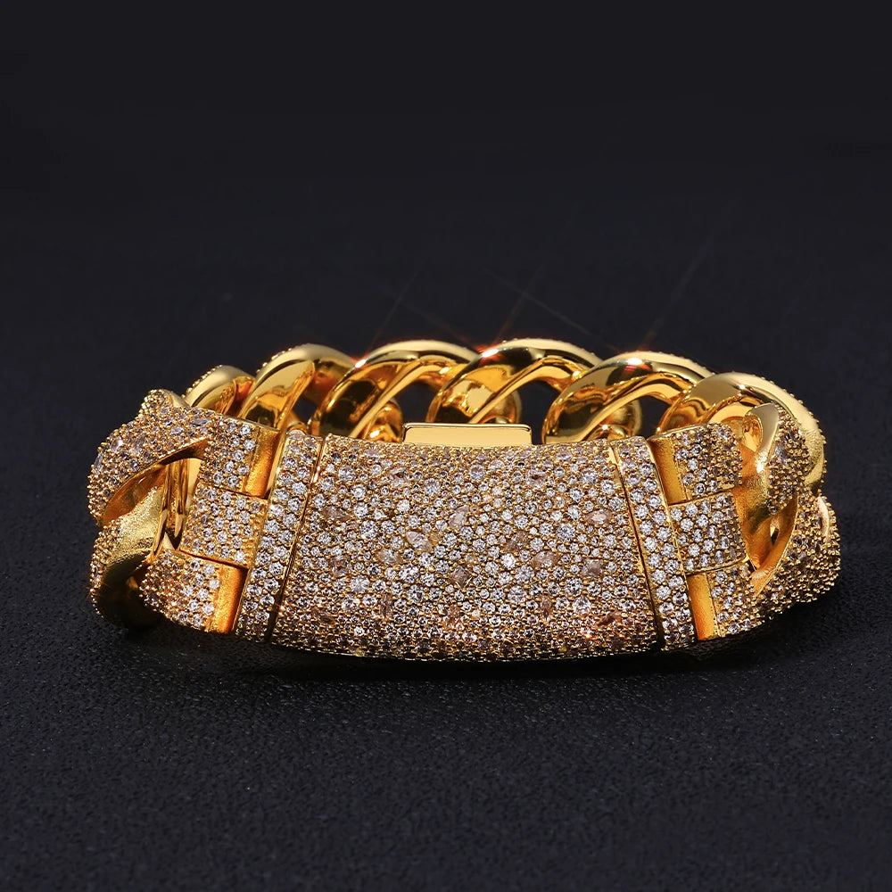 22MM Men's Cuban Diamond Bracelet Hip Hop Sparkling Bubble Chain Flip Buckle Gold Plated Charm Jewelry