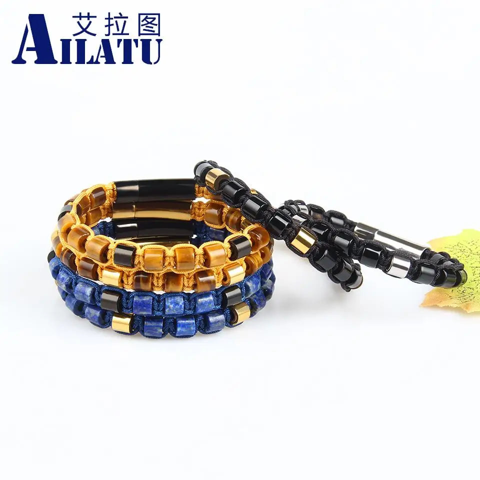 Ailatu 10 teile/los Neue Freundschaft Armband, 6mm Tiger Auge, Lapis Stein, schwarz Onyx Zylinder Perlen Edelstahl Schmuck für Männer