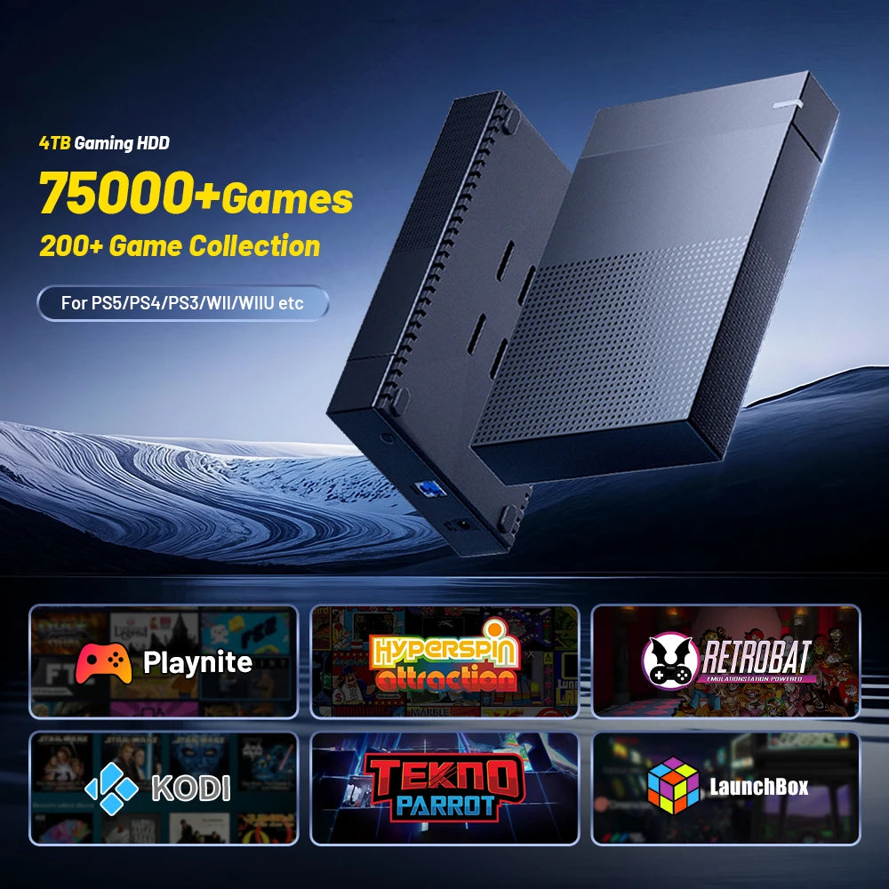 Kinhank Super Console 4TB Gaming-Festplatte mit Hyperspin Launchbox Retrobat mit über 75.000 Retro-Videospielen für PS5/PS4/PS3/WII/WIIU usw.