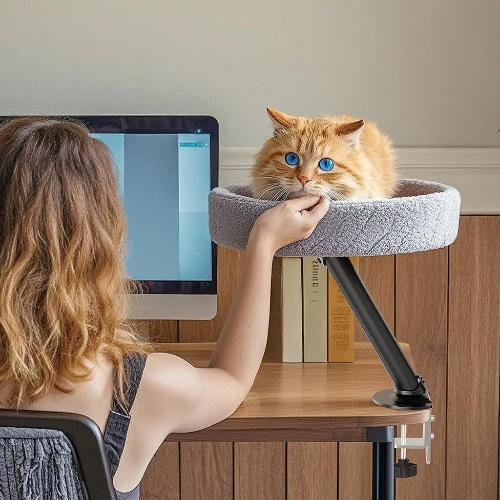 Cat Desk Bed Cat Hammock Elevated Round Sturdy Bed 360° Rotation Cat Nest Kitten Furniture for Home Office Clamping Table