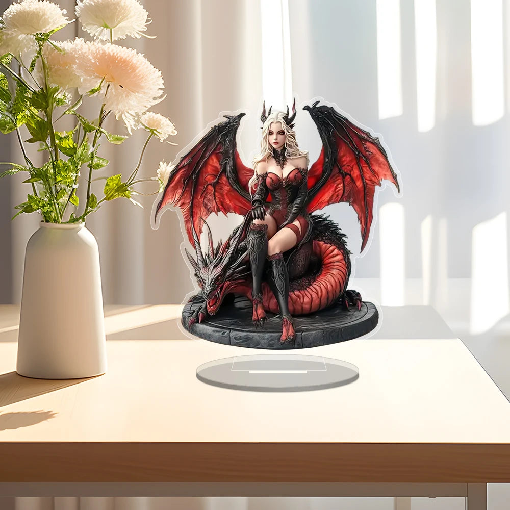 Boho Acrylic Enchantress & Red Dragon Figurine - Halloween Theme Decorative Tabletop Statue for Living Room & Various Room Types