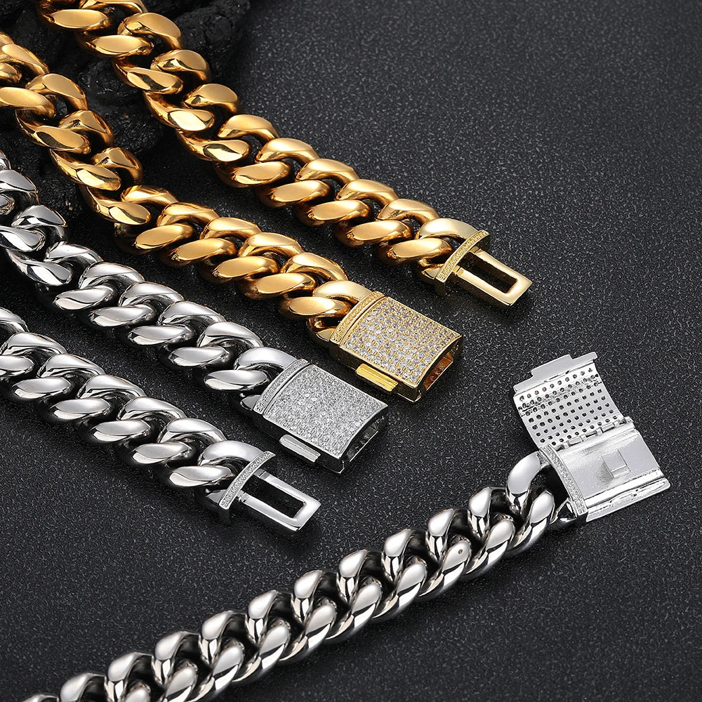 18MM Stainless Steel Cuban Chain With Bling Copper Cubic Zirconia Clasp  18k Gold Plated Hip Hop Cuban Bracelet Jewelry For Men