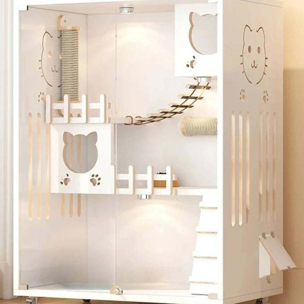 Cat Villa Large House Indoor Cat House Solid Wood Ecological Board Material Cat Furniture Vintage Style 90*60*125cm