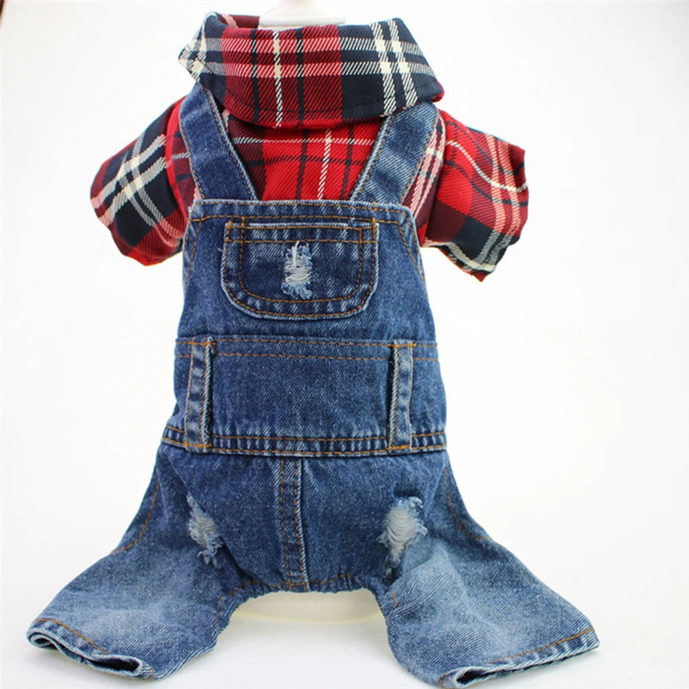 Hund Katze Denim Plaid Jumpsuit Hoodie Haustier Welpen Jean Jacke Frühling/Herbst Kleidung Bekleidung 4 Farben