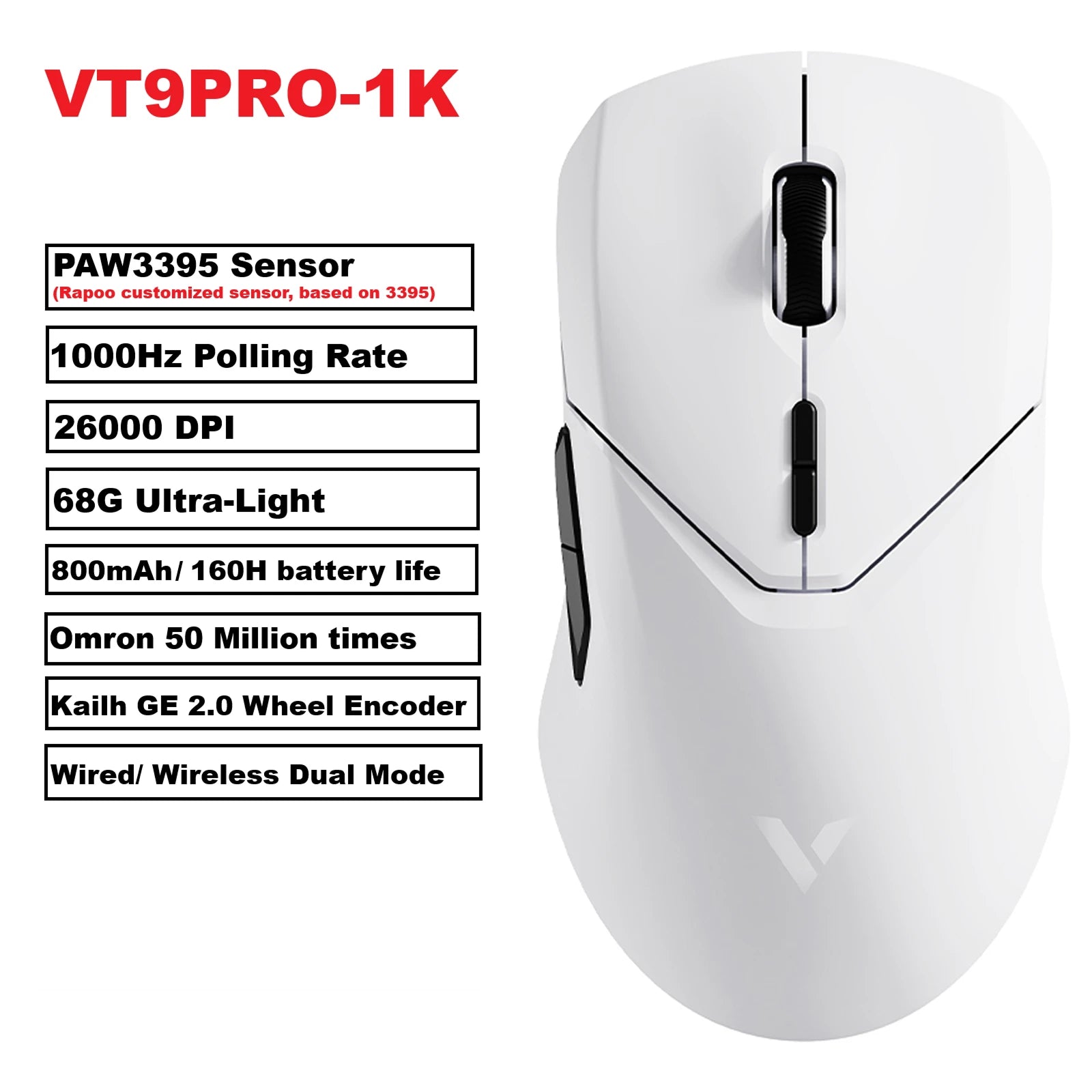Безжична геймърска мишка Rapoo VT9PRO PAW3398, 26000DPI, 68g, лека, кабелна, безжична мишка, 160H, супер дълъг живот на батерията