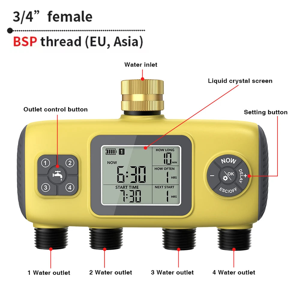 Digitaler Wassertimer, 4-Ausgänge, Gartenbewässerungstimer, Regenwassersensor, Bewässerungssystem, Präzisions-Zeitsteuerung
