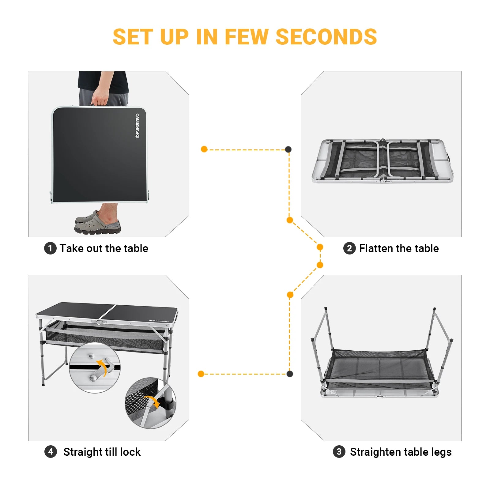 FUNDANGO Camping table, outdoor indoor beach barbecue, picnic, travel, height adjustable, with layered mesh storage