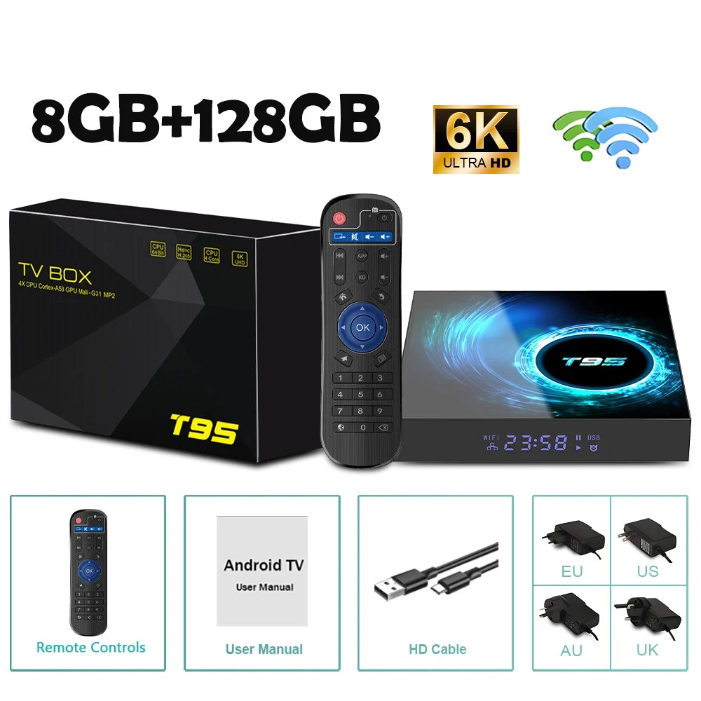 Smart TV Box Android 14 T95 6K Allwinnerh616 Media Player Dual WiFi Bluetooth 5.4 with Remote Support Google Voice Set Top Box