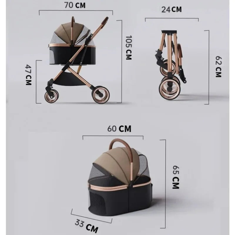 Abnehmbarer Haustier-Kinderwagen, ultraleicht, tragbar, für den Außenbereich, für Katzen und Hunde, Rahmen aus Aluminiumlegierung, Stoßdämpfer mit vier Rädern